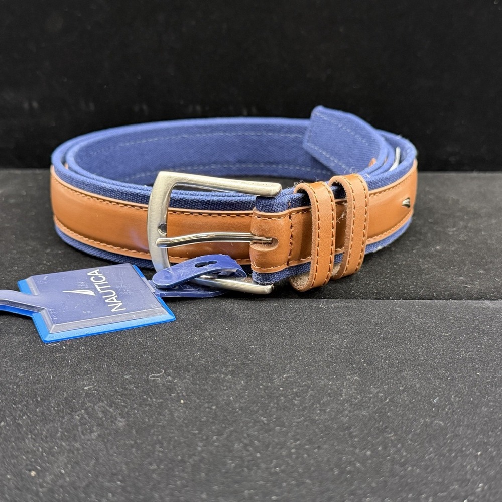 New Nautica Men's Signature Canvas Leather Overlay Belt Navy Cognac Size 42